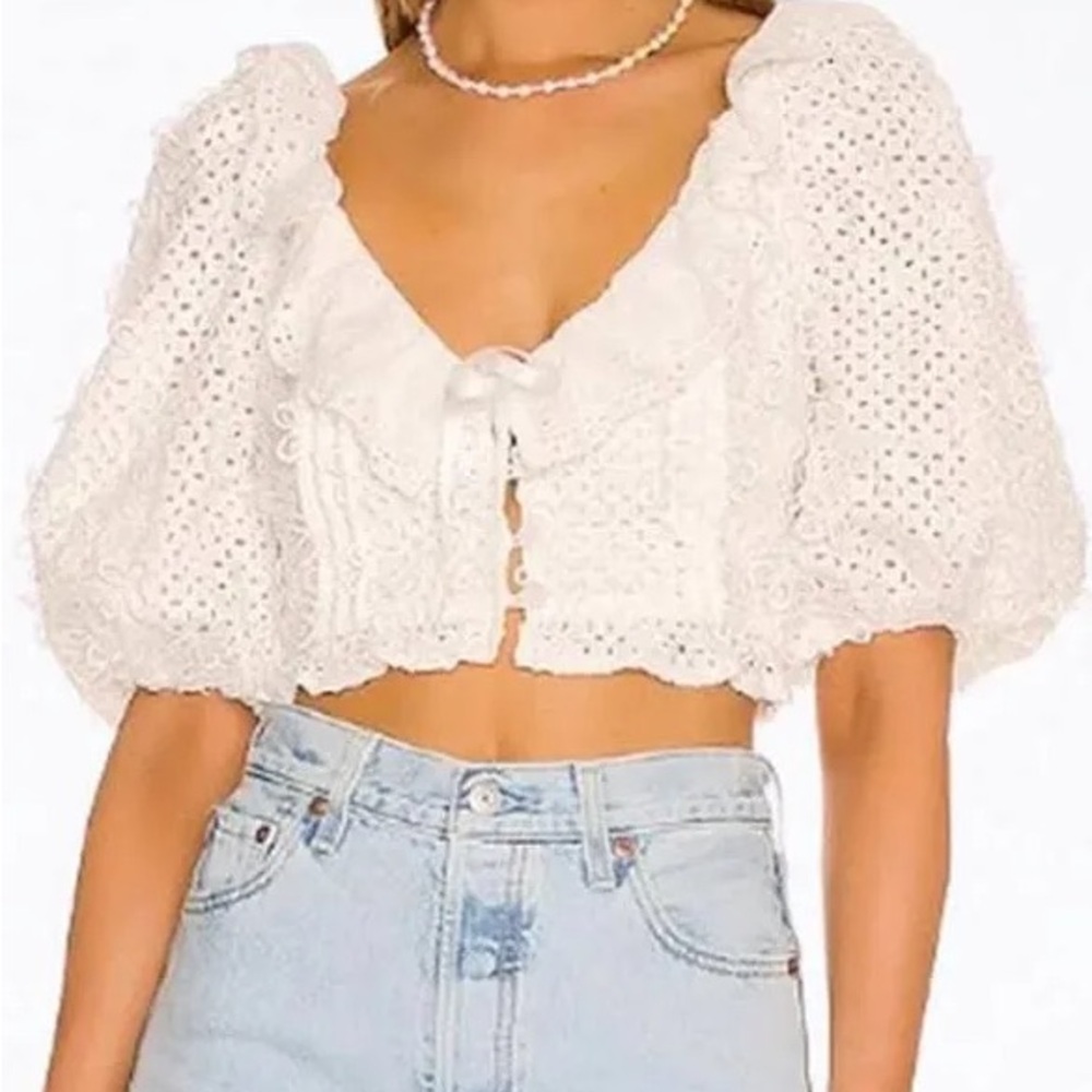 For Love And Lemons CassieElegant White Lace Puff Sleeve Crop Top L